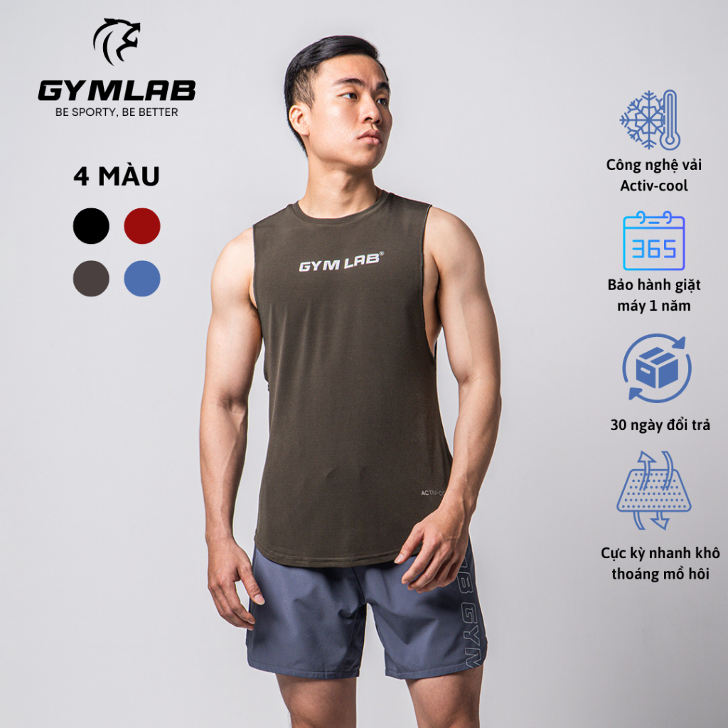 Áo Tanktop thể thao tập gym nam Gymlab form thoải mái vải poly mềm mại - MID LOGO