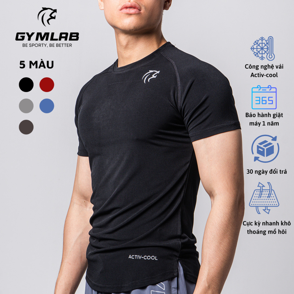 Áo thể thao tập gym nam Gymlab form fit nhiều màu vải poly thoáng mát - SILVER LOGO