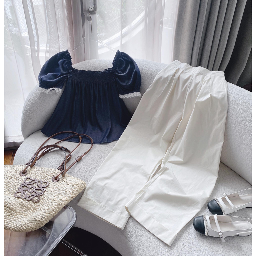 SET ÁO JEAN BO THUN TAY VIỀN REN TRẮNG + QUẦN SUÔNG TRẮNG