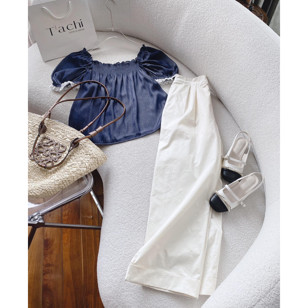 SET ÁO JEAN BO THUN TAY VIỀN REN TRẮNG + QUẦN SUÔNG TRẮNG