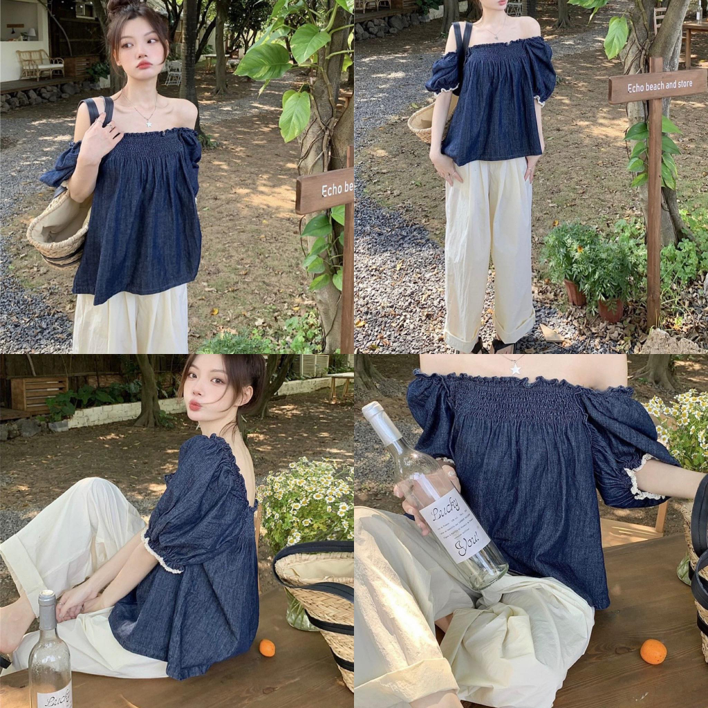 SET ÁO JEAN BO THUN TAY VIỀN REN TRẮNG + QUẦN SUÔNG TRẮNG