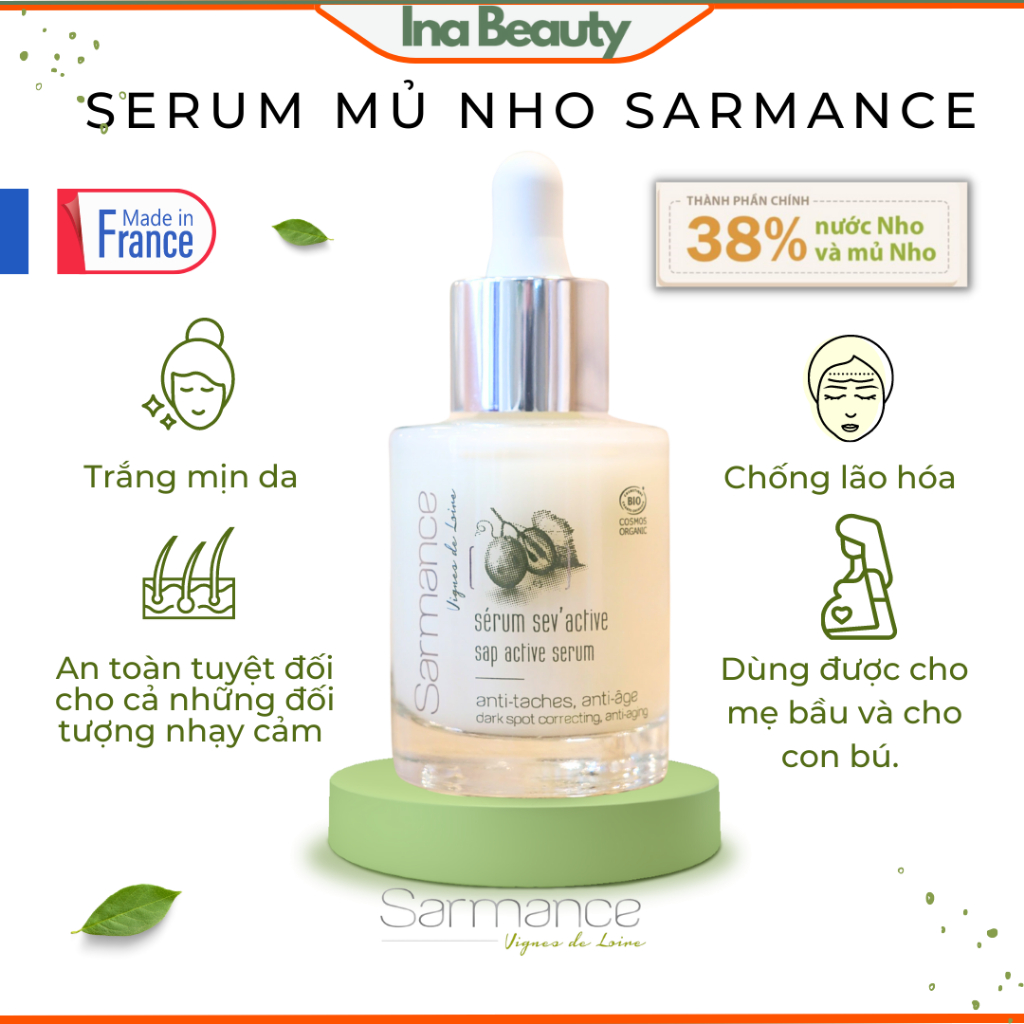 Serum Pháp Chống Lão Hóa, Trắng Da, Hữu Cơ Sarmance, Chiết Xuất từ Mủ Nho, An Toàn cho Bà Bầu, phân phối chính hãng Pháp