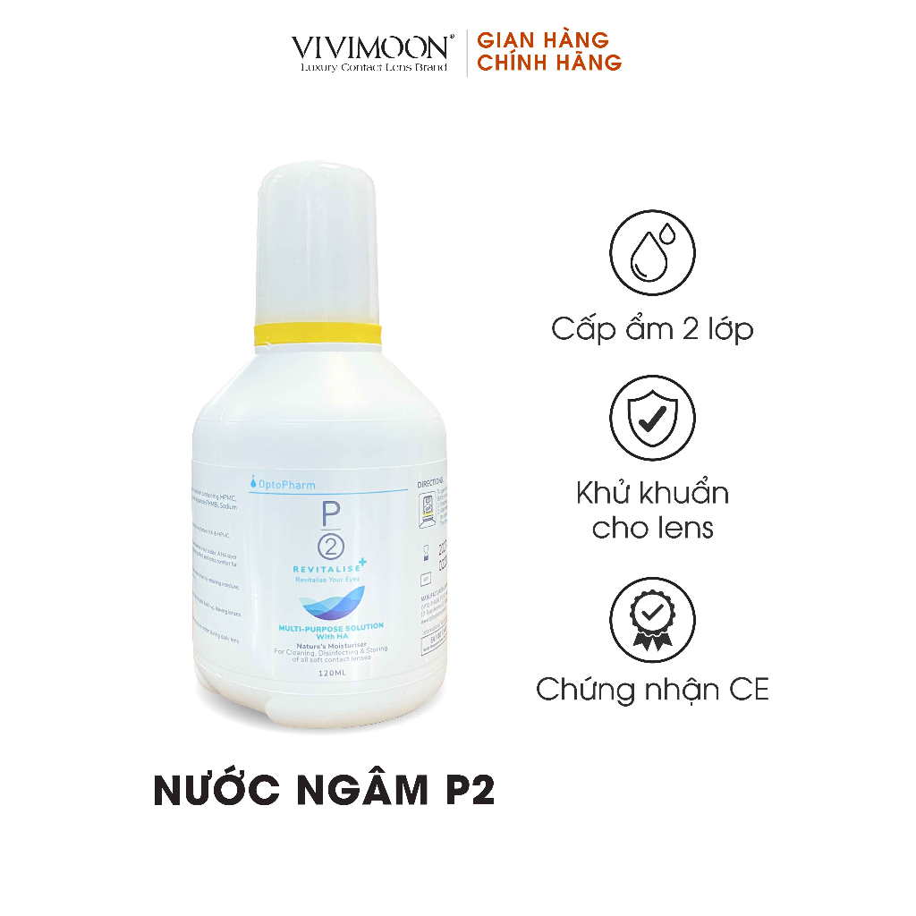 Nước ngâm lens P2 Revitalise+ cấp ẩm 2 lớp cao cấp VIVIMOON 120 ml cho kính áp tròng