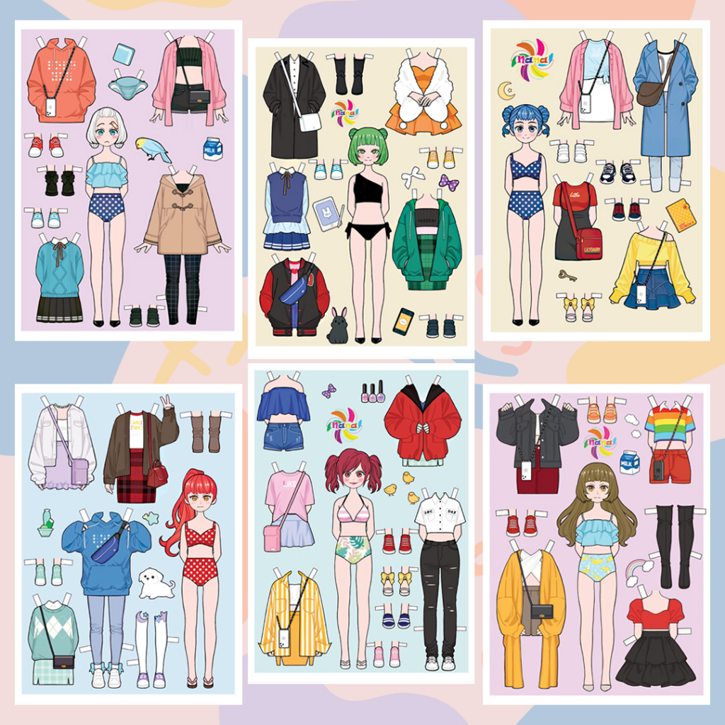 Búp bê giấy thay đồ thủ công thời trang phong cách Chibi cho bé Combo 6 hình siêu đáng yêu BBG035