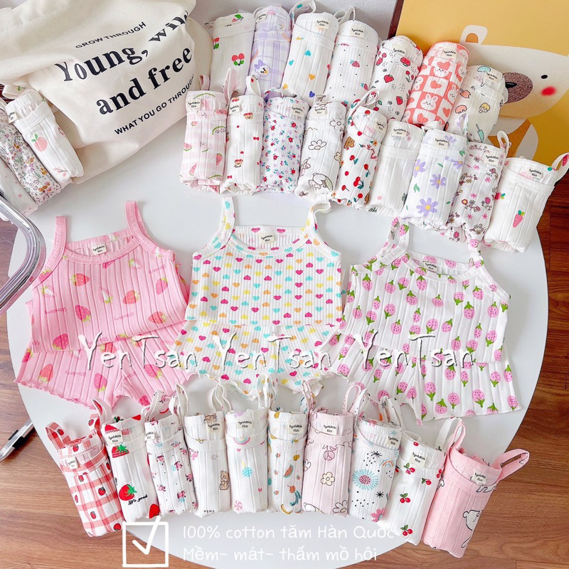 (Link 1) Set 3 bộ hai dây vải tăm Hàn cho bé, bộ đồ 2 dây bé gái