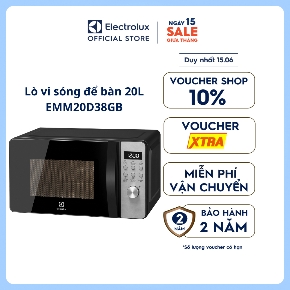 Lò vi sóng để bàn Electrolux 20L EMM20D38GB Dung tích lớn trong, thiết kế nhỏ gọn, rã đông nhanh chóng