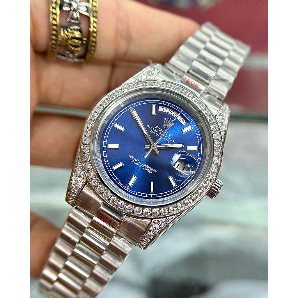 Đồng hồ nam Rolex DayDate 36mm máy cơ Nhật, Viền đá CZ, vạch giờ dạ quang