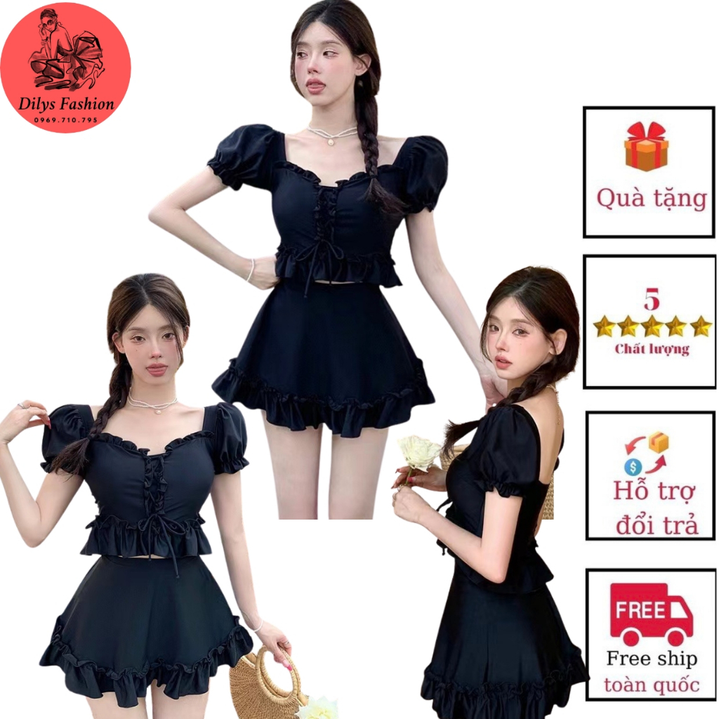 Đồ bơi nữ kín đáo đi biển BK2358, Bikini 2 mảnh tay cộc chân váy xòe có quần bảo hộ vô cùng trẻ trung dễ thương
