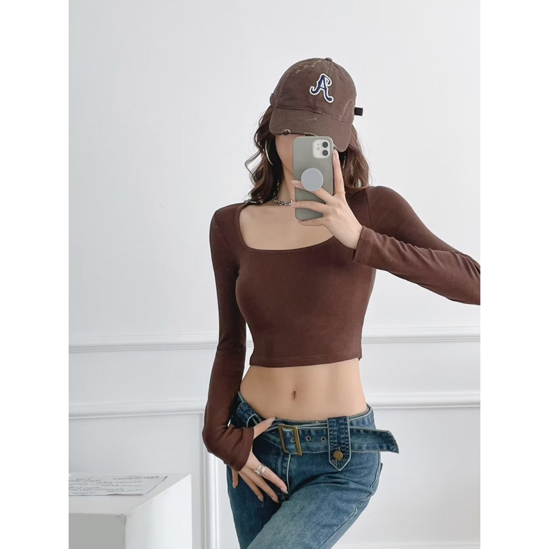✅ Áo thun dài tay croptop F21 mầu NÂU và TRẮNG - A8035