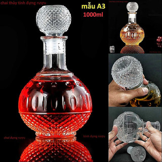 Vỏ Chai Đựng Rượu Thủy Tinh 1000ML tròn bầu hoa văn chấm bi – Vỏ Chai Rượu Độc Lạ - Bình Đựng Ruou (A3)