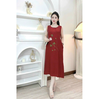 Váy lanh đũi sát nách,cộc tay thêu 3d