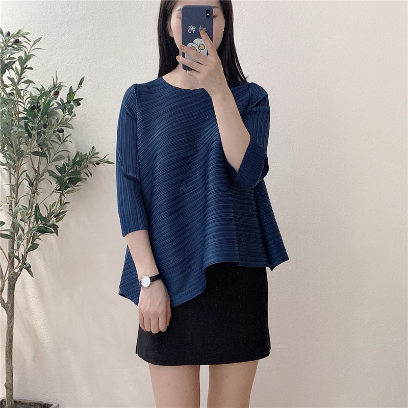 (HÀNG SẴN - ẢNH THẬT) Áo thun lò xo tay dài cổ tròn, Áo nhúng vạt xéo cách điệu, freesize co giãn nhiều