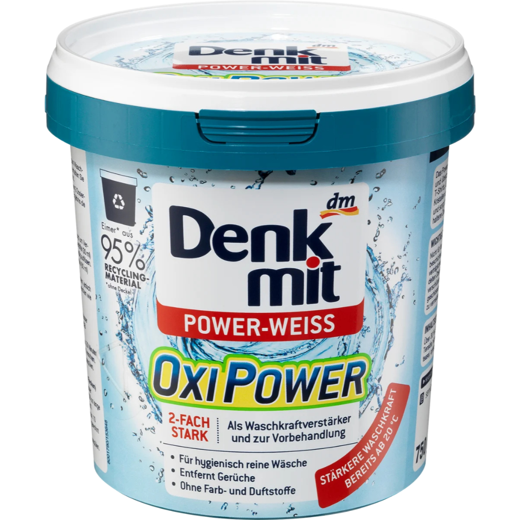Bột giặt tẩy đa năng tẩy trắng quần áo Denkmit Oxi Power, hàng Đức, tẩy sạch vết bẩn trên quần áo trắng/màu, hộp 750gr