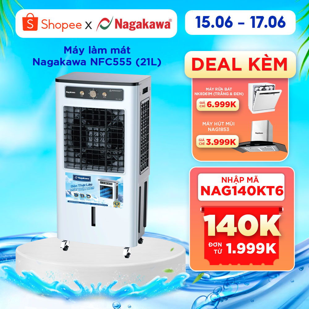 Quạt điều hòa hơi nước Nagakawa NFC555 (21L) Đảo gió đa chiều - Đá khô đi kèm