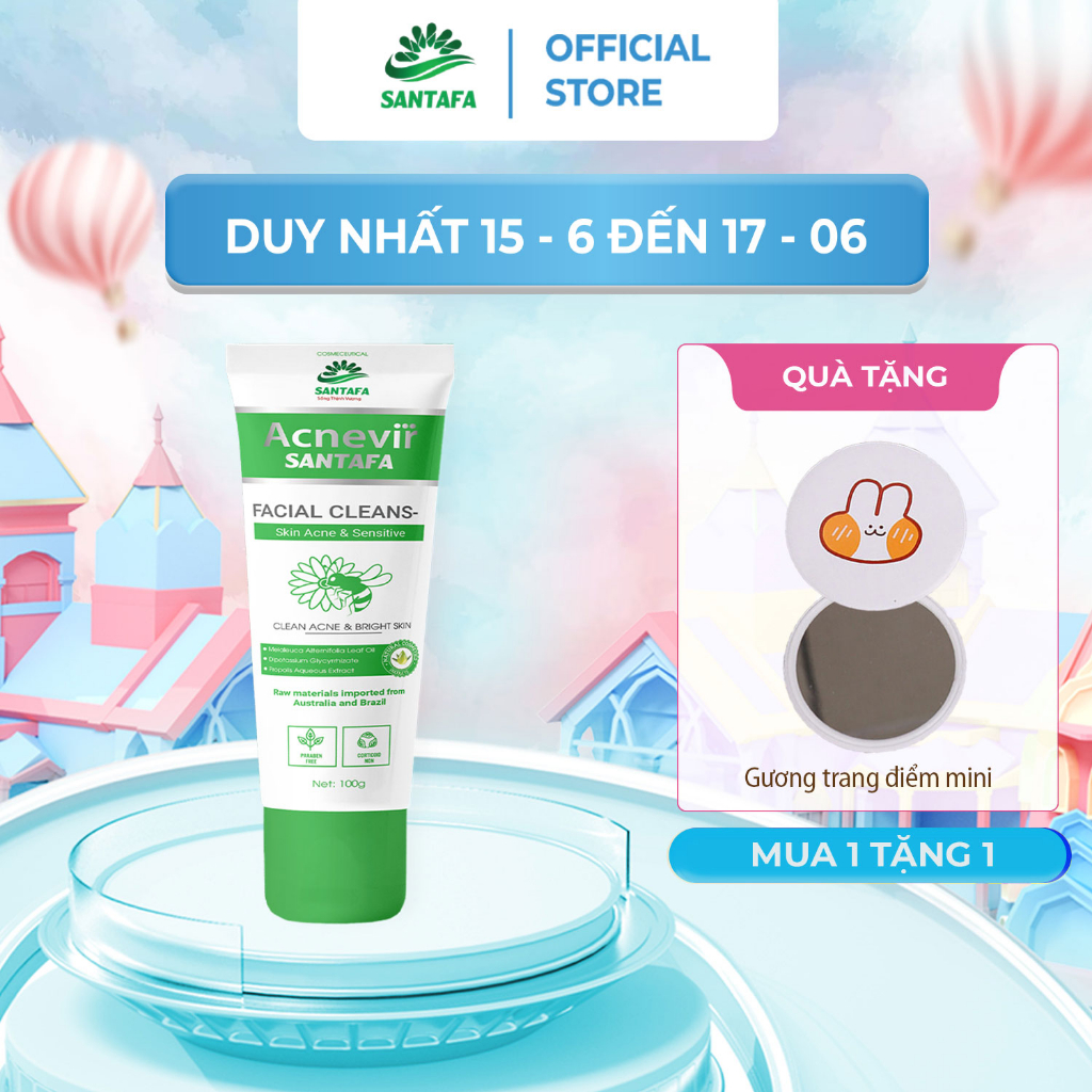 Sữa rửa mặt ACNEVIR SANTAFA chiết xuất keo ong xanh thiên nhiên, an toàn, dành cho mọi loại da 100gr