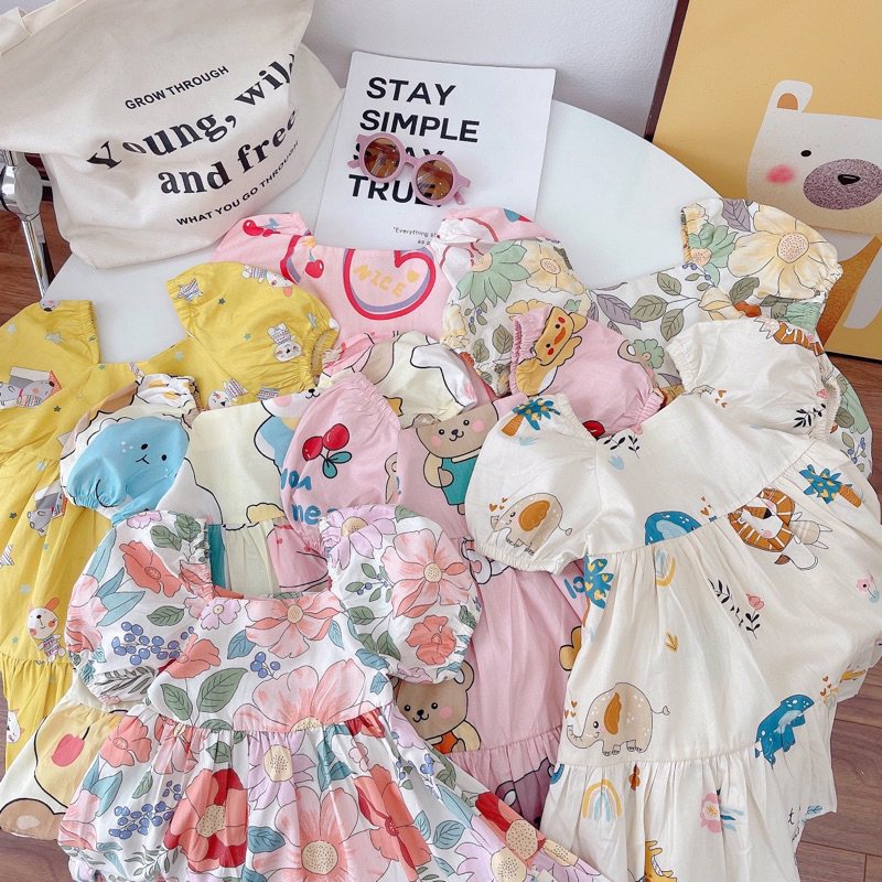 VÁY THÔ CỔ VUÔNG TAY BỒNG DÁNG BABYDOLL XINH XẮN CHO BÉ GÁI.