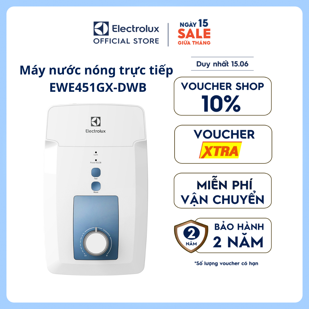 Máy nước nóng trực tiếp Electrolux 4.5kW - Trắng & Xanh - EWE451GX-DWB - Chế độ an toàn, kháng khuẩn, bộ chống rò điện