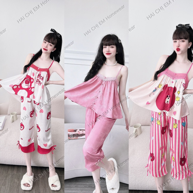 Lụa xước quần ngố lửng hai dây bảng to dây mảnh gấu dâu hot - 2CE Hai Chị Em Homewear