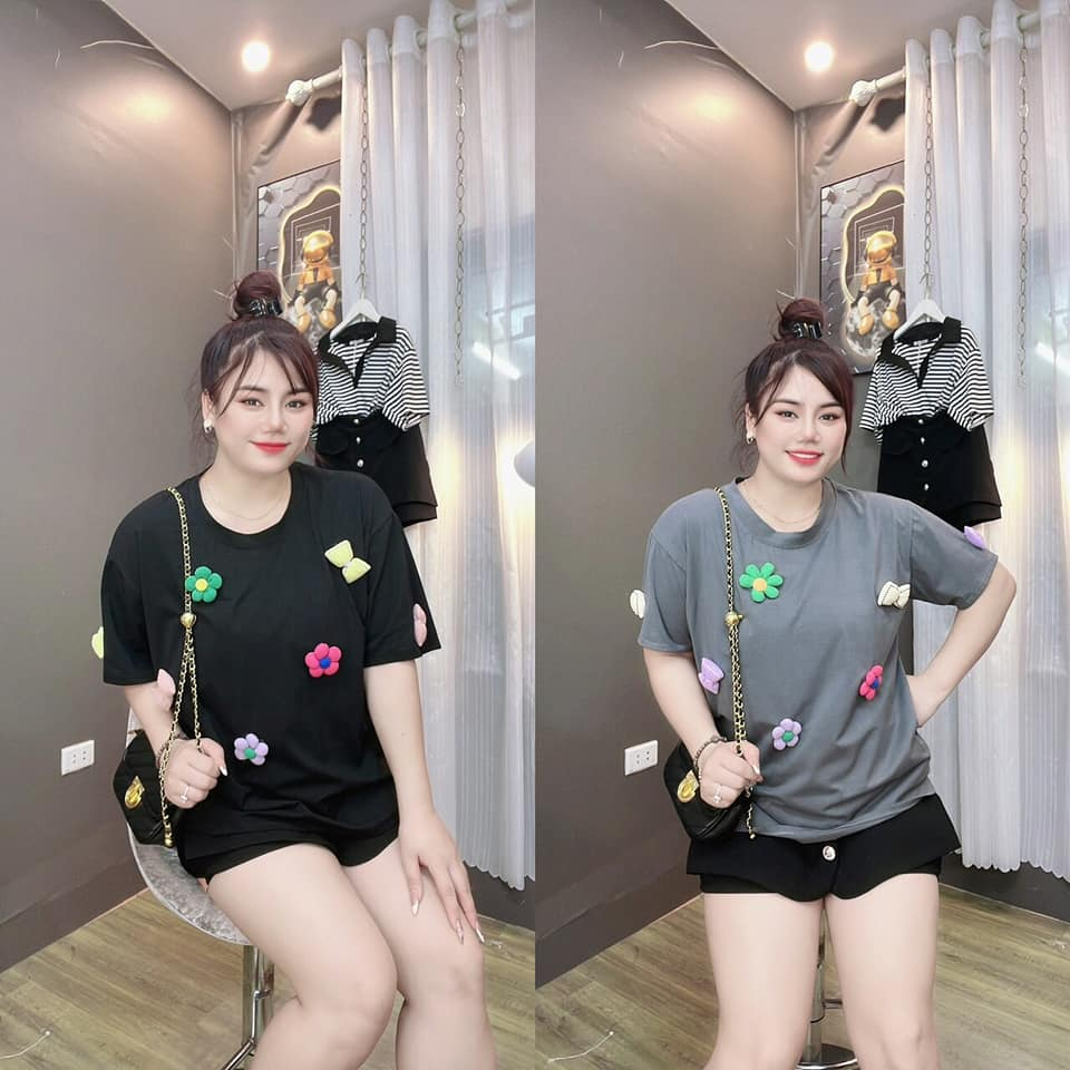 Áo phông Bigsize đính hoa nổi from rộng, chất cotton cao cấp siêu mát, thấm hút mồ hôi