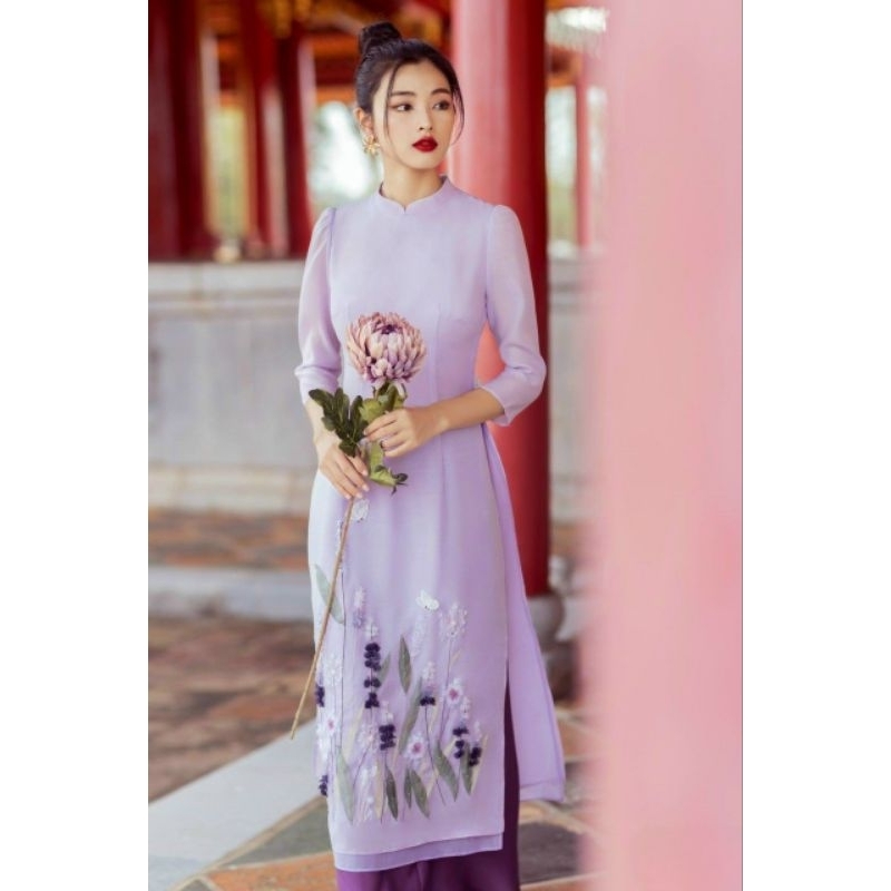 Áo Dài Hy Nhiên tím vải tơ organza 4 tà thêu hoa
