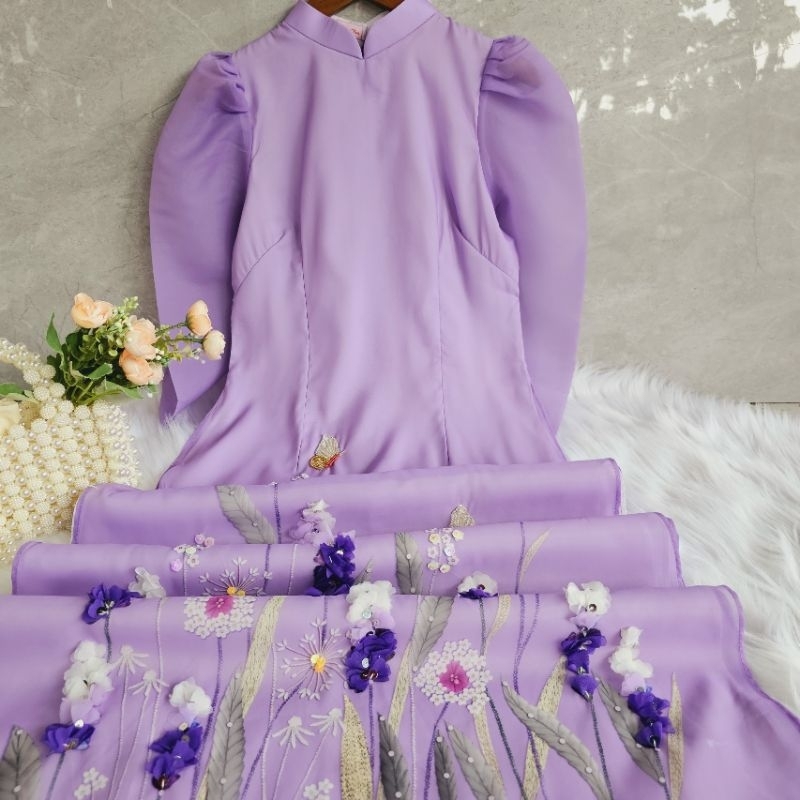 Áo Dài Hy Nhiên tím vải tơ organza 4 tà thêu hoa