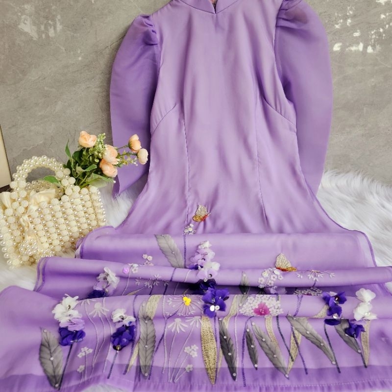 Áo Dài Hy Nhiên tím vải tơ organza 4 tà thêu hoa