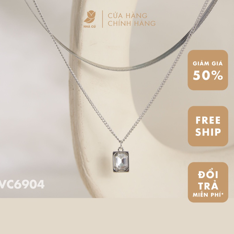 Vòng Cổ Nhà Cú 2 Tầng Tim Đính Hạt Đá Xanh Màu Bạc Quý Phái Phụ Kiện Phong Cách Hàn Quốc
