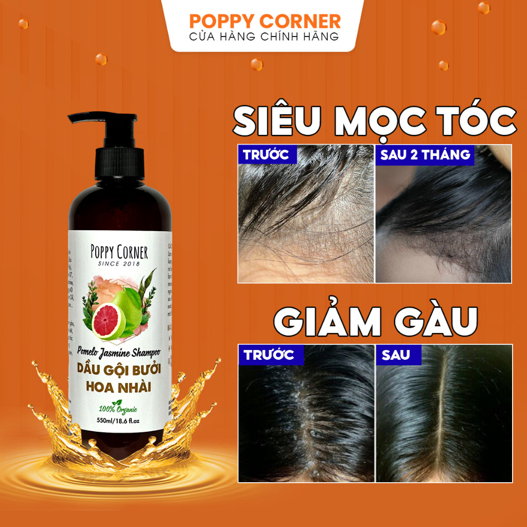 Dầu Gội Bưởi Hoa Nhài thảo dược giảm gàu thảo mộc mọc tóc chống rụng thiên nhiên nhanh dài không hóa chất POPPY CORNER