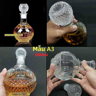 Chai Đựng Rượu Thủy Tinh 1 Lít (combo 2 cái) mẫu tròn bầu hoa văn chấm bi – Vỏ Chai Rượu Ngoại - Bình đựng Ruou (A3)