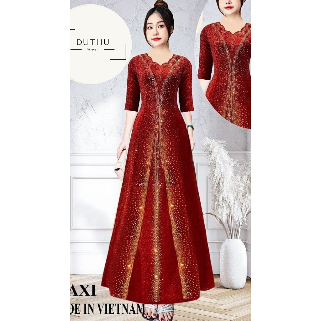 Đầm dạ hội trung niên chất nhũ đính đá co giãn cực tốt cho mẹ dự tiệc sang trọng bigsize M518
