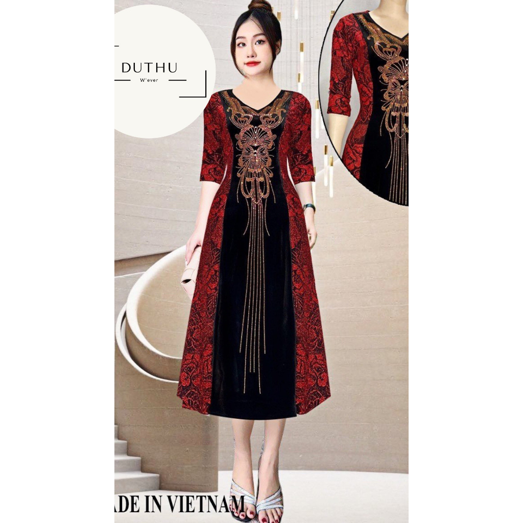 Đầm dạ hội trung niên chất nhũ kim sa co giãn cực tốt cho mẹ dự tiệc sang trọng bigsize DN26