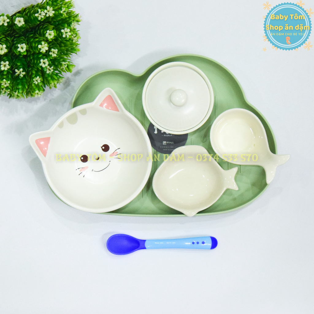 Bộ bát gốm sứ màu Trắng cho bé ăn dặm NPP Baby Tôm. Chén bát ăn dặm gốm sứ an toàn, đáng yêu