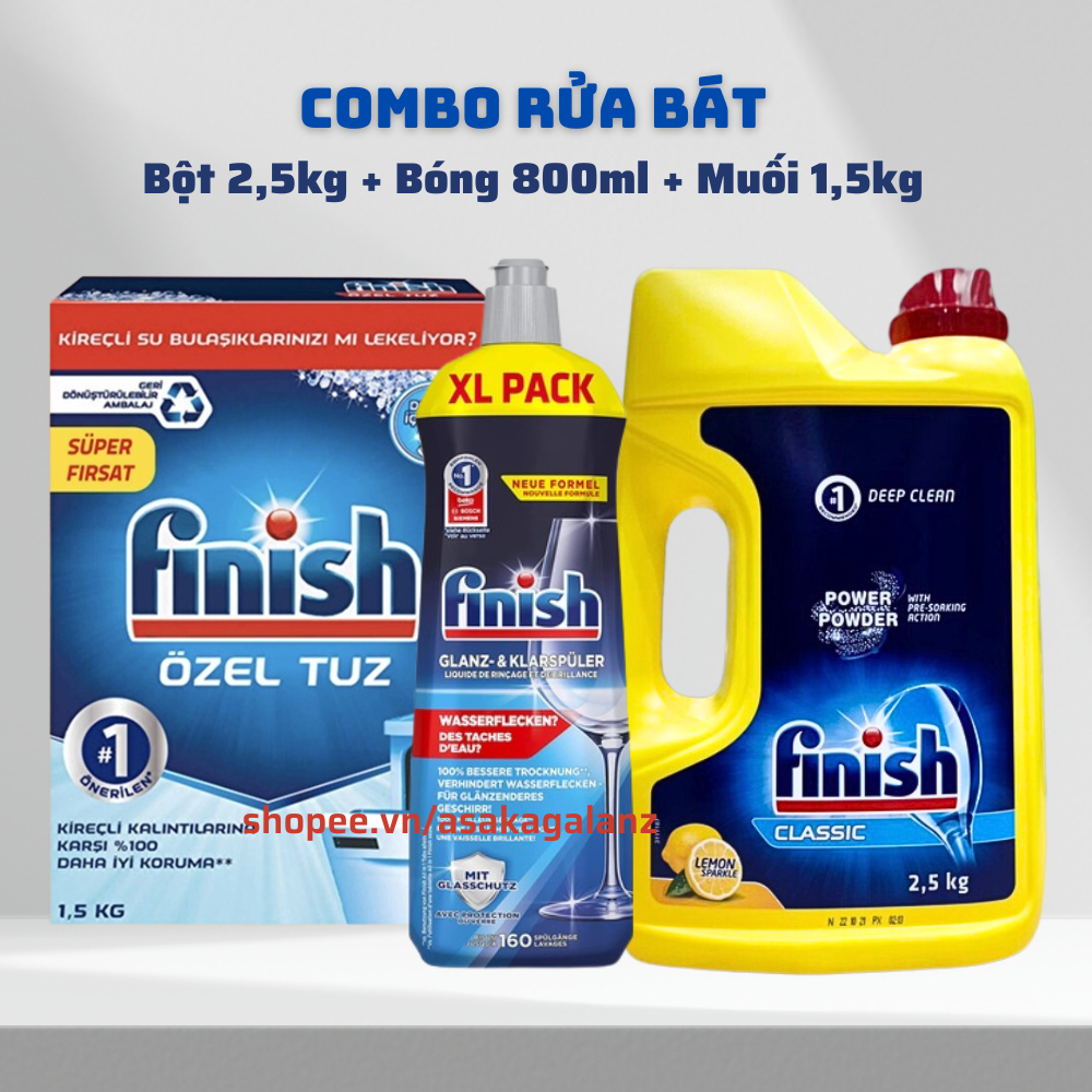 Combo rửa bát finish All In one 110 viên+Muối finish 1.5kg+Bóng finish 800ml chuyên dùng cho máy rửa bát