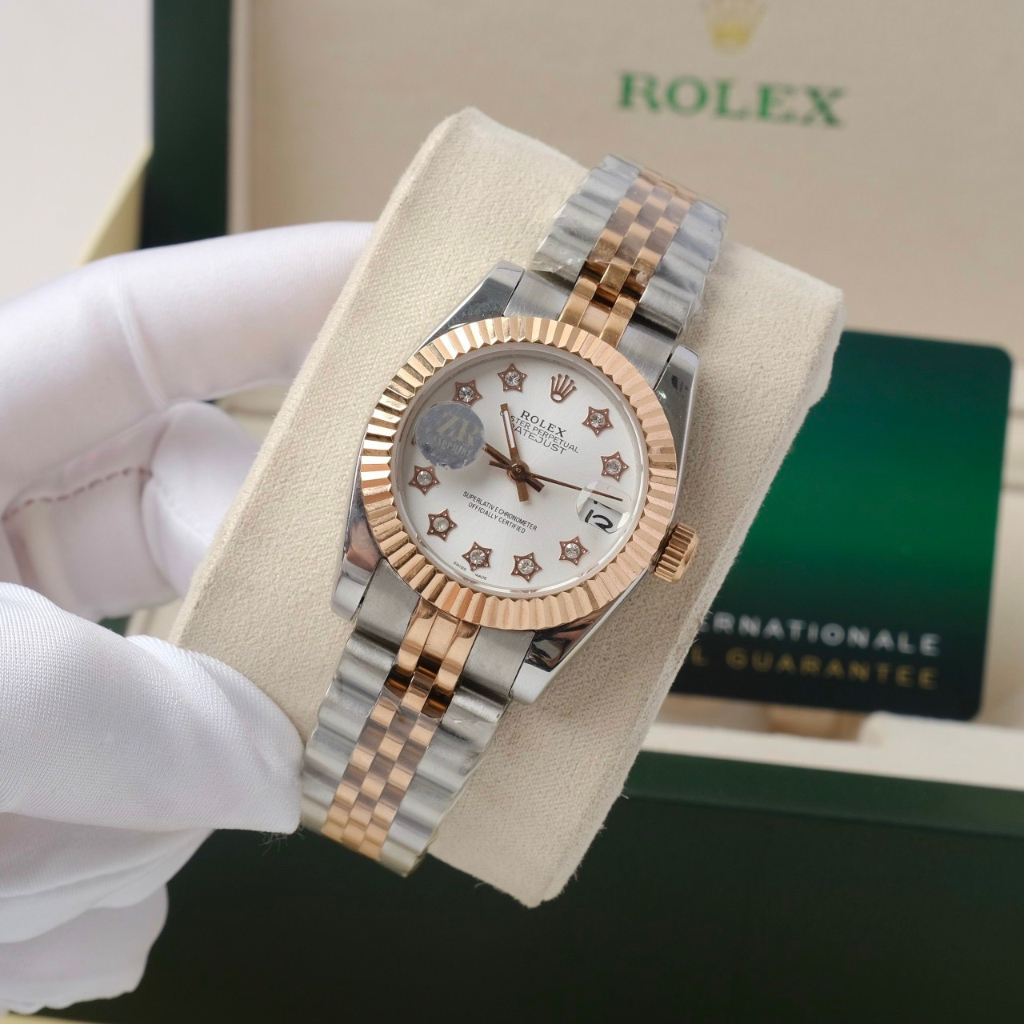 Đồng hồ Nữ Rl vành trơn mặt trắng số la mã đơ mi trắng pha vàng hồng máy nhật dòng cơ Automatic size 31mm