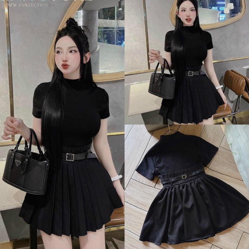 Set áo pull đen + chân váy xếp li lưng cao kèm belt