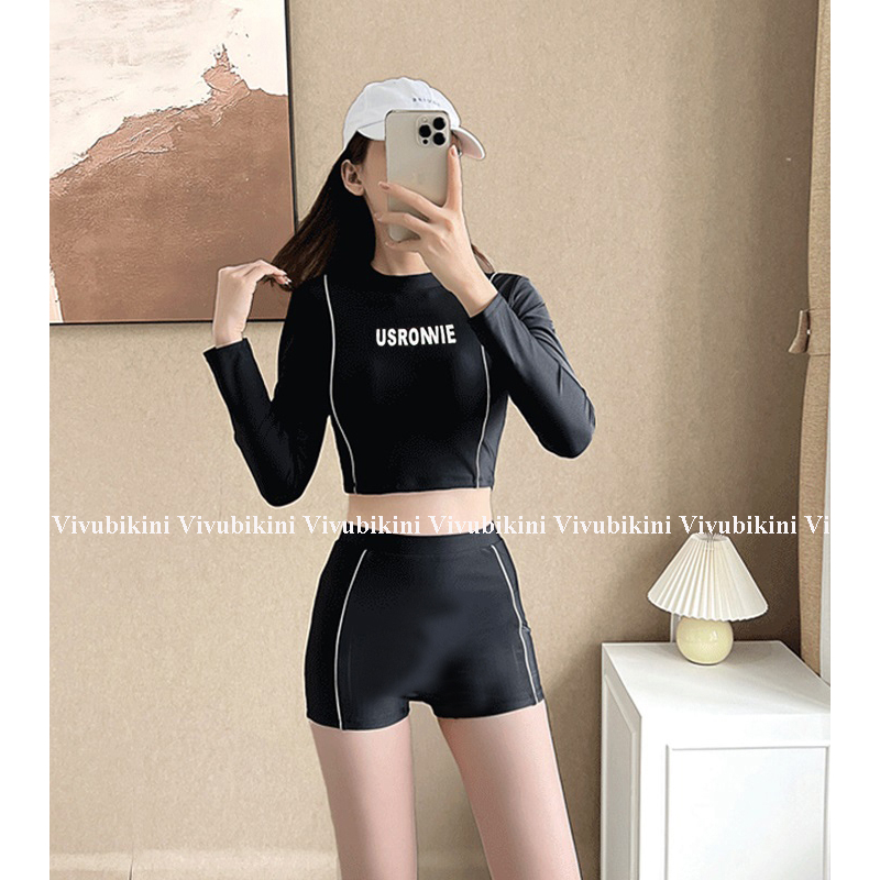 Bộ Đồ bơi, bikini nữ 2 mảnh dài tay usronie croptop quần đùi cạp cao kín đáo che bụng cá tính hàn quốc đi biển cao cấp