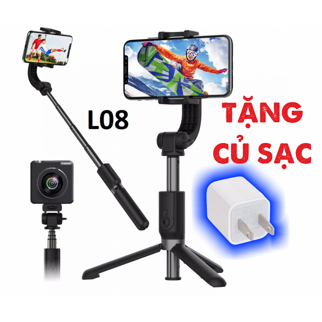 Gậy chống Rung Gimbal Stabilizer L08, Có 3 chân đỡ, Tặng kèm nút bấm BLT hàng cao cấp- tặng củ sạc