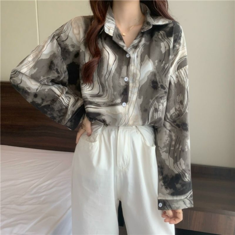 Áo Sơ Mi Nữ Tay Dài Dáng Rộng Họa Tiết Mực In Phong Cách Hàn Quốc Cổ