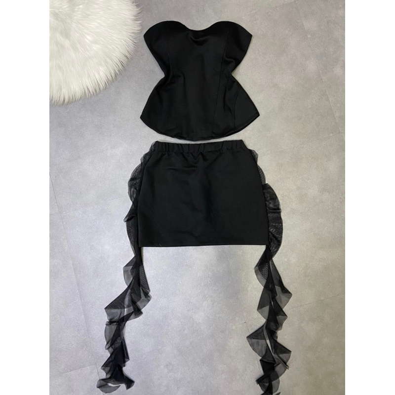Set áo cúp ngực corset chân váy tua rua 2 bên