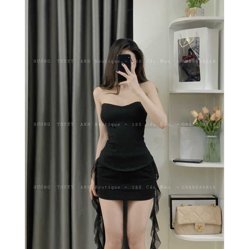 Set áo cúp ngực corset chân váy tua rua 2 bên
