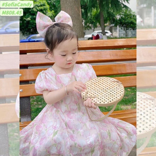 Váy Sofia Candy tơ hoa tulip hồng tặng kèm nơ buộc tóc