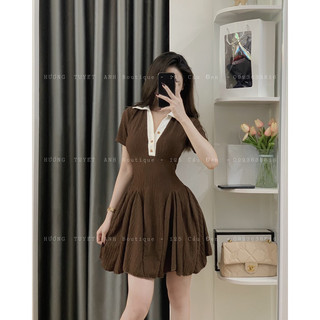 Đầm xốp xoè cổ trụ viền dáng ngắn