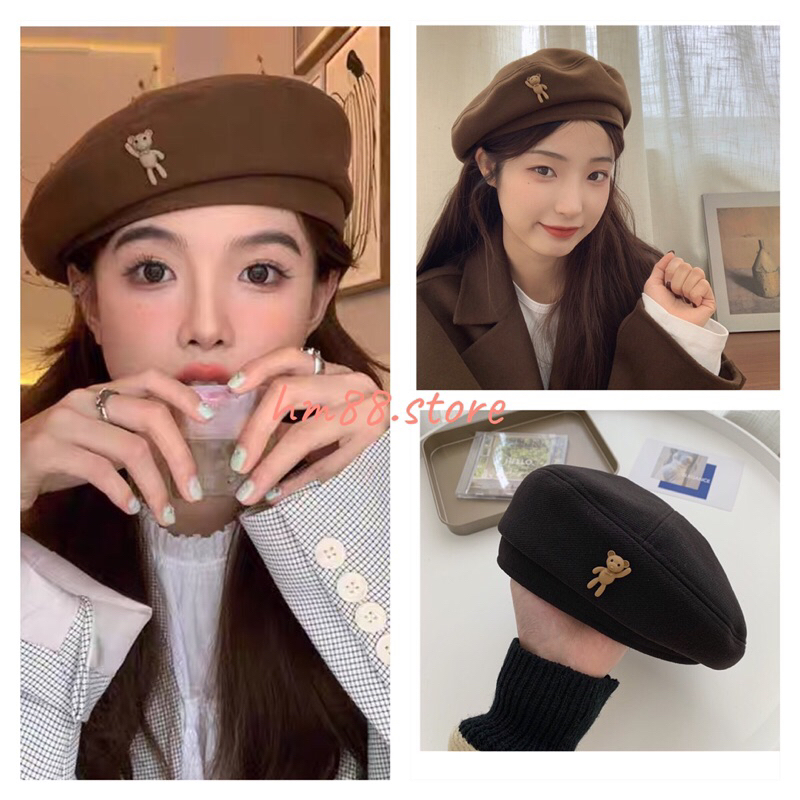 Mũ nón beret nồi đính gấu cute có dây chỉnh vòng đầu