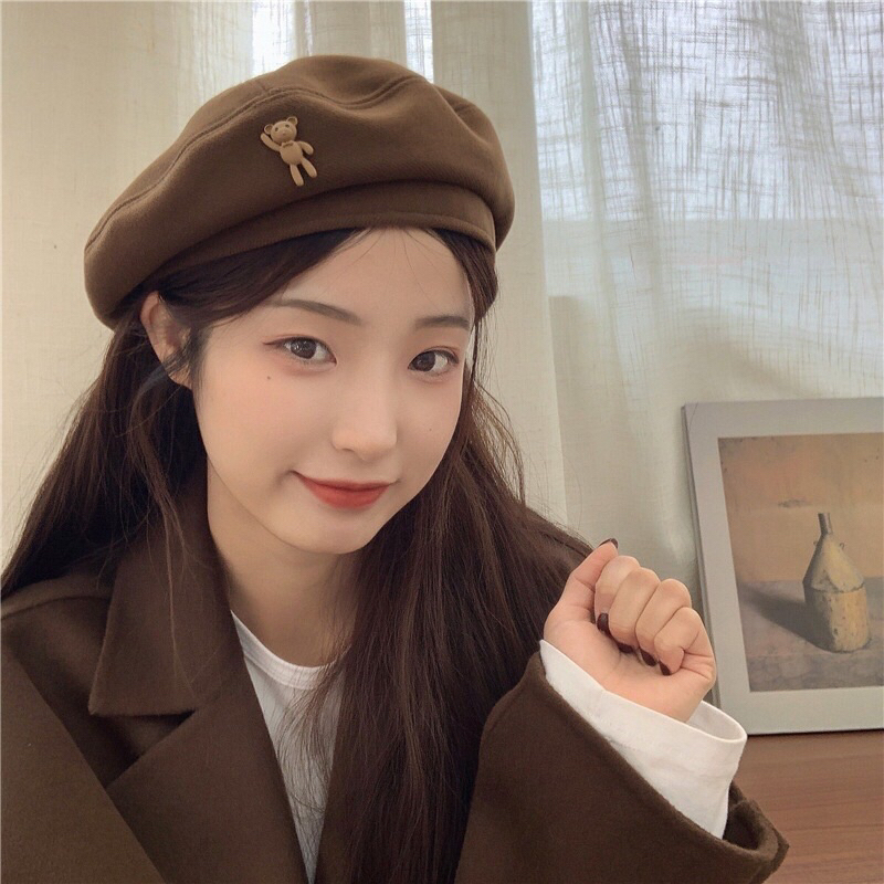 Mũ nón beret nồi đính gấu cute có dây chỉnh vòng đầu