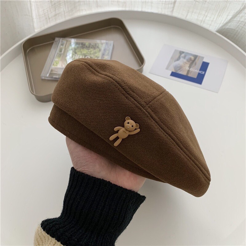 Mũ nón beret nồi đính gấu cute có dây chỉnh vòng đầu