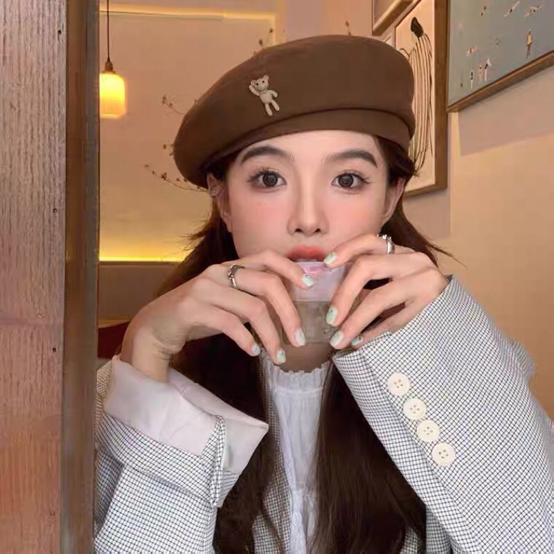 Mũ nón beret nồi đính gấu cute có dây chỉnh vòng đầu