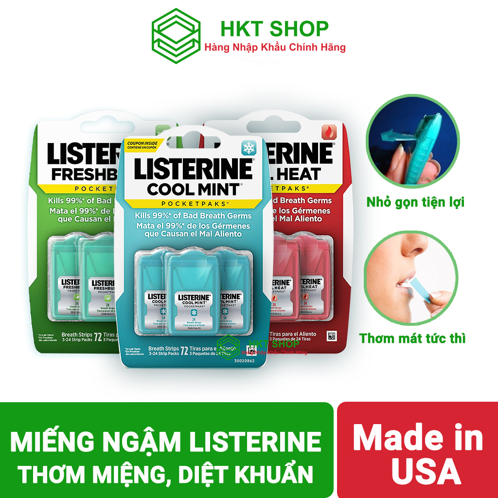 [USA] Miếng ngậm thơm miệng diệt khuẩn Listerine vĩ 3 hộp 72 miếng- ListerinePocketpaks Bad Breath Strips_HKT Shop