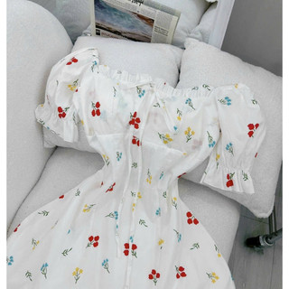 Đầm suông dáng chữ A hoa đỏ tay phồng LADYGU