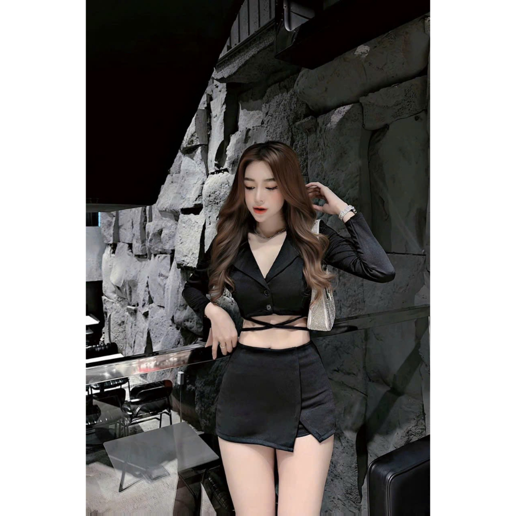 Set Bộ Vest Kèm Chân Váy Chéo Eo Tay Dài Sang Chảnh, Chất Vải Cotton Lạnh Dày Dặn, Thiết Kế Freesize 40-53kg