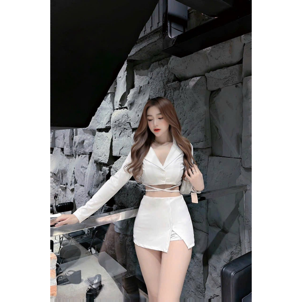 Set Bộ Vest Kèm Chân Váy Chéo Eo Tay Dài Sang Chảnh, Chất Vải Cotton Lạnh Dày Dặn, Thiết Kế Freesize 40-53kg